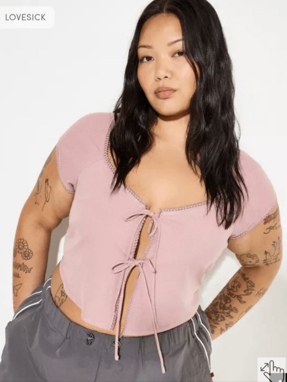 Torrid Lovesick Light Rose Picot-Trim Front-Tie Top Stretch Coquette Crop Blouse